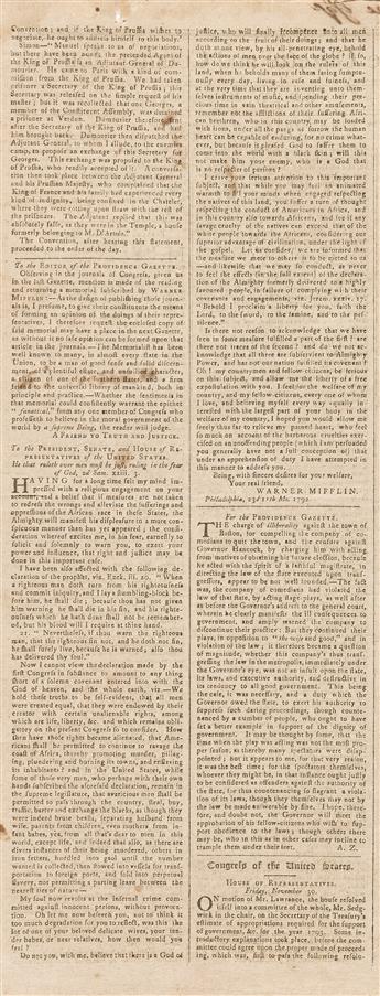 (SLAVERY & ABOLITION.) Warner Mifflin. His abolitionist petition to President Washington and Congress,